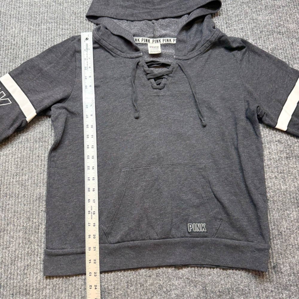 Victoria's Secret PINK Lace Up Hoodie Small Gray Spell Out Sleeve Pullover - Picture 3 of 10